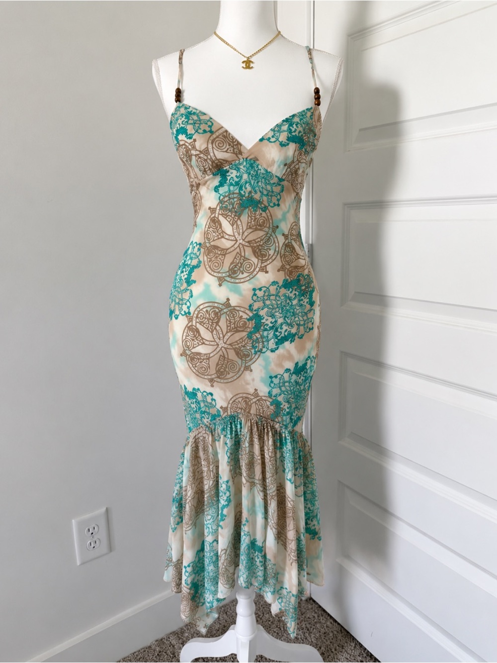 Vintage Forever 21 Asymmetrical Handkerchief
Midi Dress Boho Turquoise Brown Sin